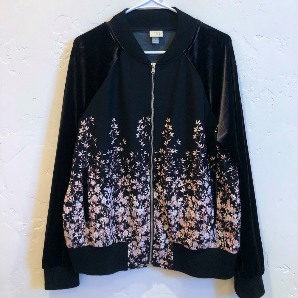 Black Velvet Zip Up with Pink Flowers